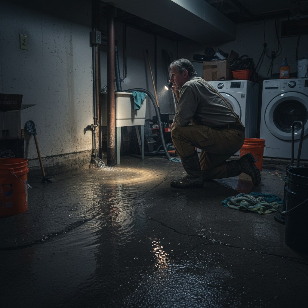 Active basement flooding through the cove joint with flashlight inspection during a heavy Sioux Falls rain